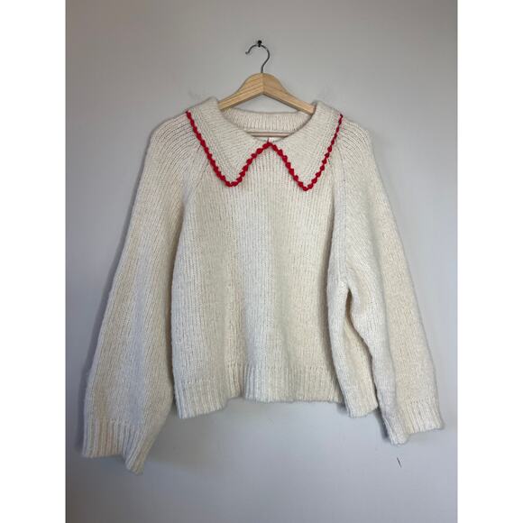 NEW The Great. Crochet Collar Mid-Weight Knit Long Sleeve Soft White Cherry - Picture 2 of 7